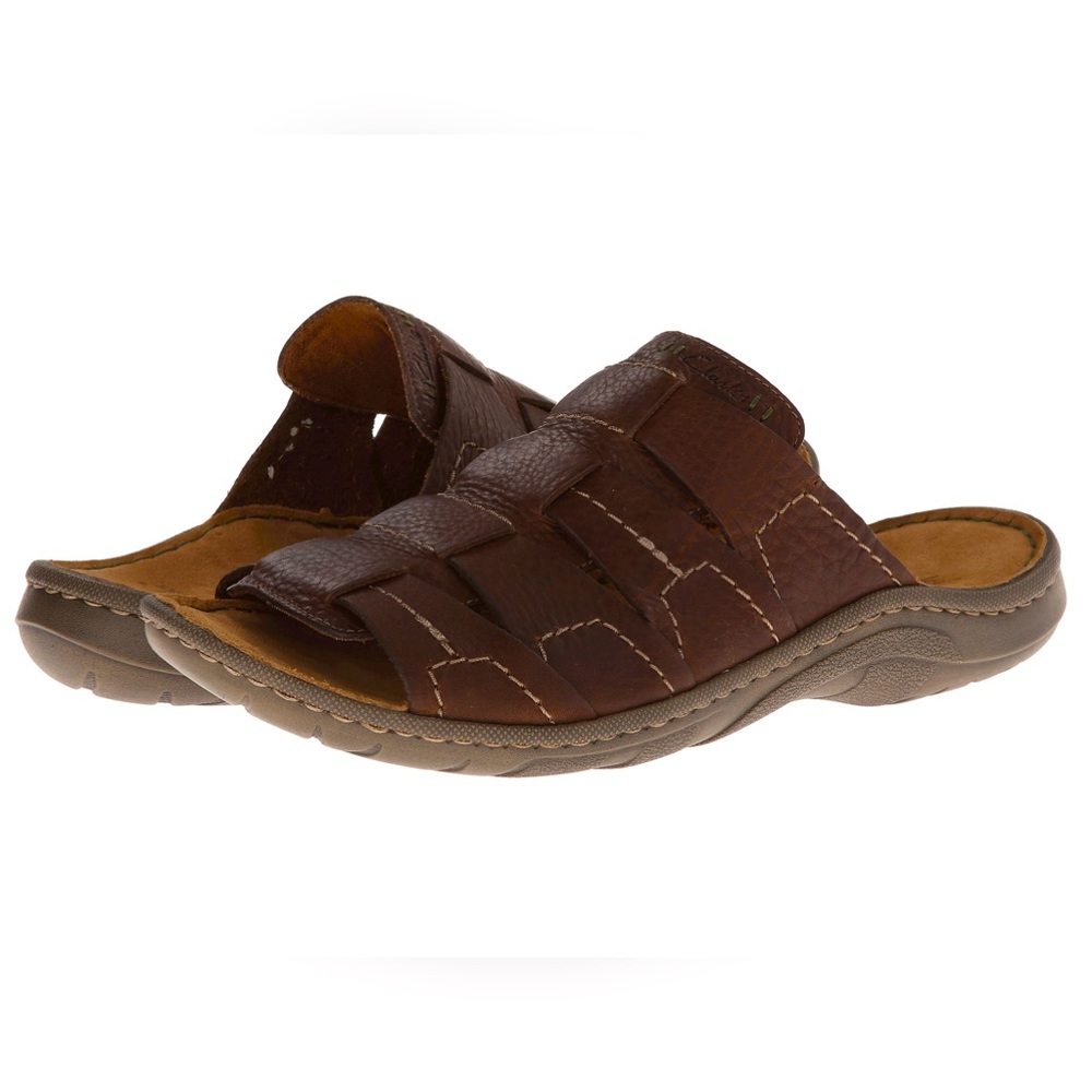Clarks Woodlake Easy Slide on Sandal dark brown